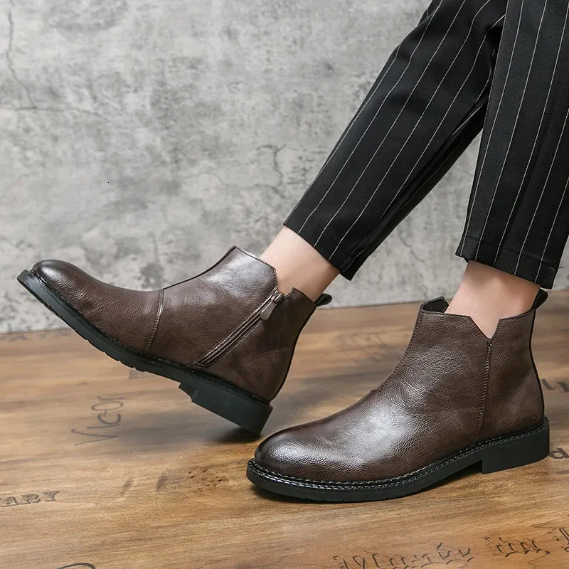 For Fashion Casual British Style Short Boot Side Zipper High-Top Shoes Men Man Classic Retro Leather Ankle Boots 240620_voghion.com