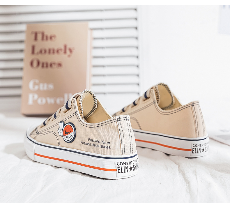 Elastic Band Smiling Face Canvas for Women Summer and Autumn Students Versatile Little White 2024 New One Step Lazy_voghion.com