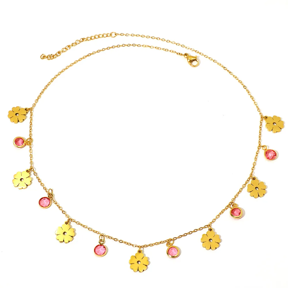 Chaînes en acier inoxydable Colliers exquis pendentif fleur en cristal rouge chaîne de pull collier de mode pour femmes bijoux_voghion.com
