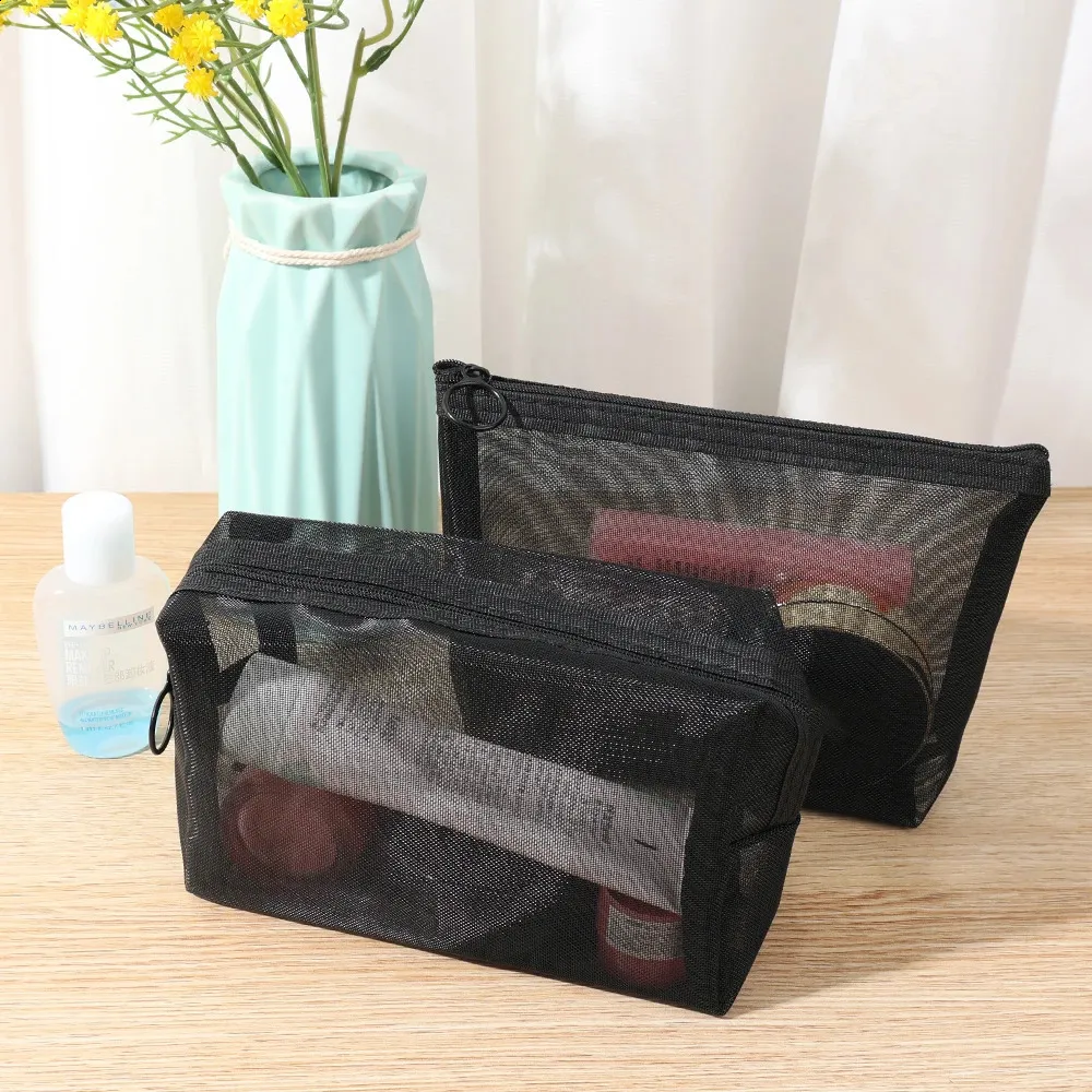 Sacs à cosmétiques transparents en maille 3 tailles, petit et grand sac de maquillage noir, organisateur de toilette de voyage Portable, rangement de rouge à lèvres_voghion.com