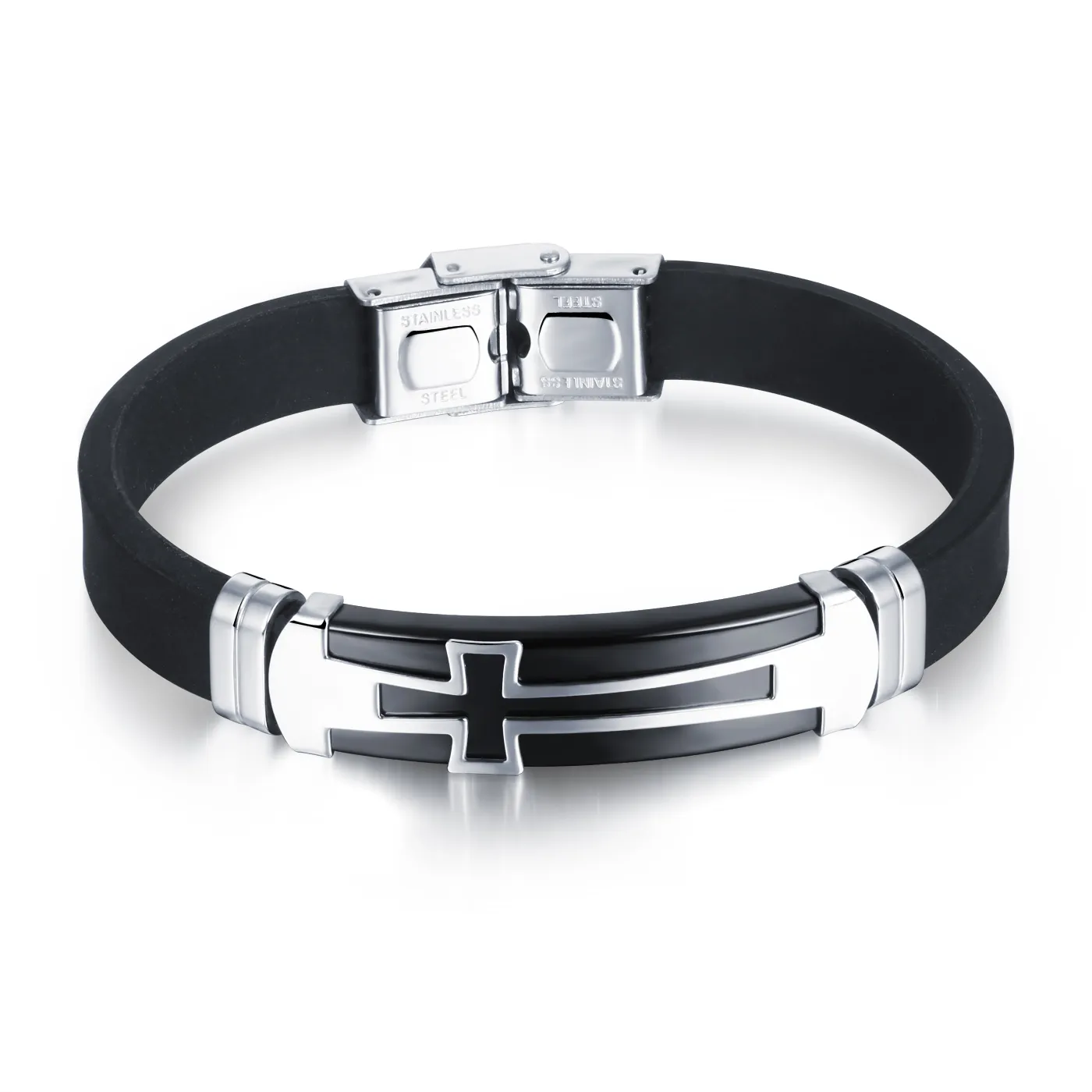Braccialetti da uomo in silicone nero Classico in acciaio inossidabile Grande croce Gioielli da uomo Accessori con ciondolo religioso 2 colori1_voghion.com