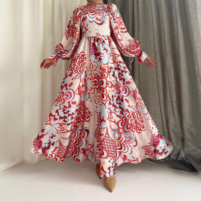 Women's Middle East Round Neck Lantern Sleeve Printed Dress French Elegant Long Dress Women_voghion.com