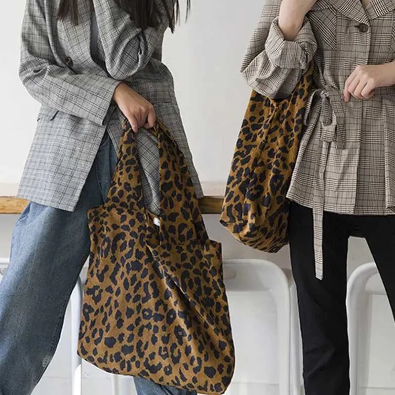 Classic Leopard Printing Top Handle Corduroy Shopping Large Capacity Book Handbag Womens Casual Shoulder Bag Y241011_voghion.com