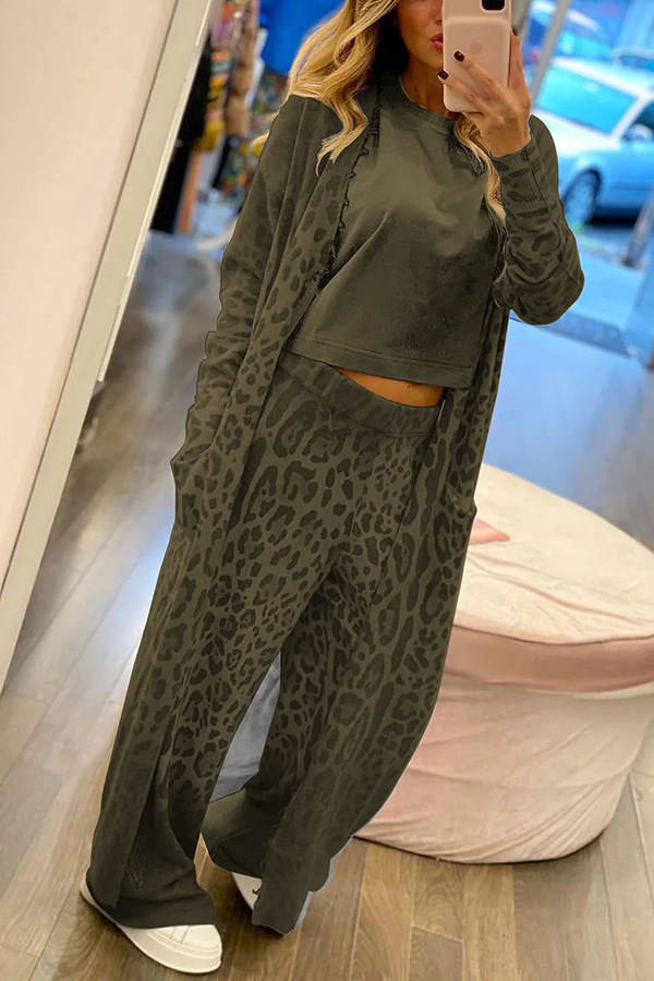 Ensemble deux pièces pour femmes, Cardigan à manches imprimé léopard, manteau et pantalon Long, nouvelle collection printemps 2024_voghion.com