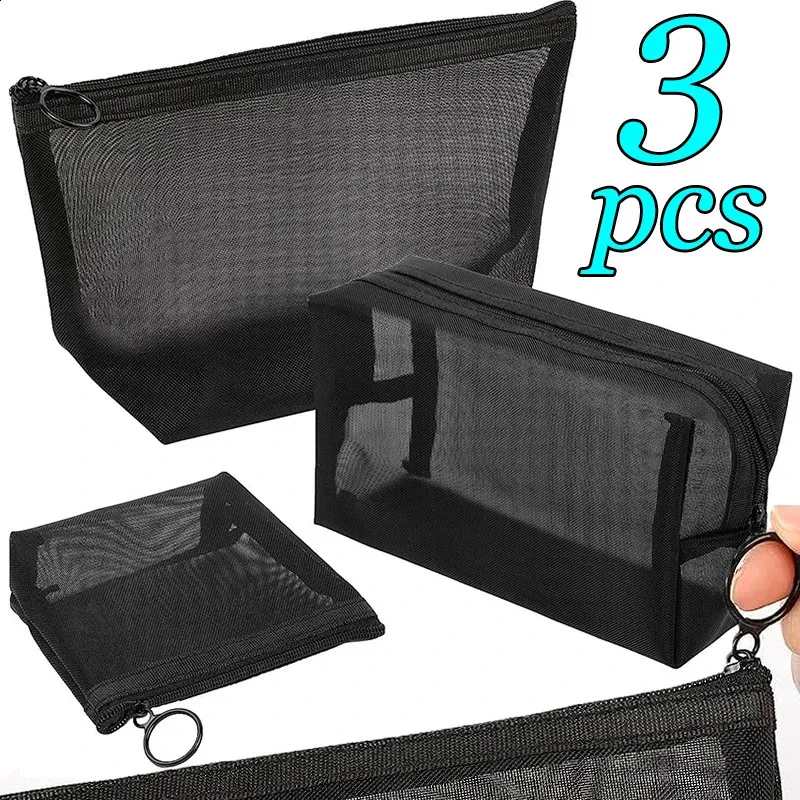 3PCS Black Womens Cosmetic Bag Mesh Storage Organizer for Cosmetics Pencil Travel Brush Toilet Makeup Pouch Case 240827_voghion.com