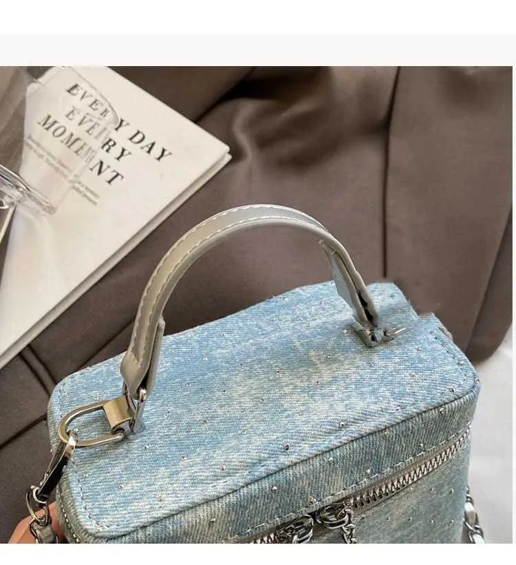 Vintage Denim Crossbody Bag Women Casual Fashion Flap Beads Box Short Handle Bags Female Versatile Commute Chain_voghion.com