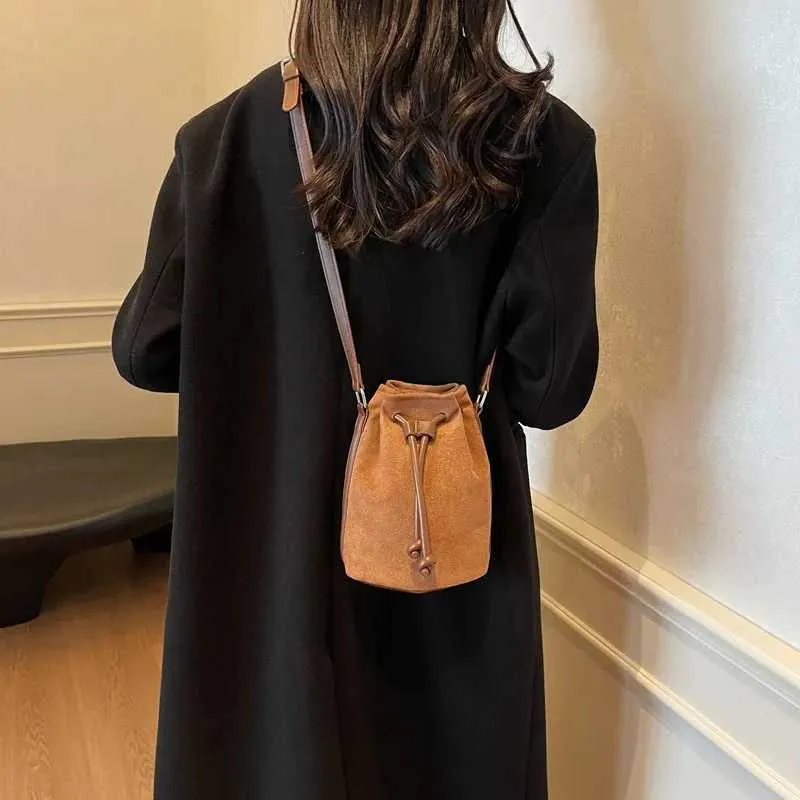 Suede Drstring Small Shoulder Bag Dark BrownC241217_voghion.com