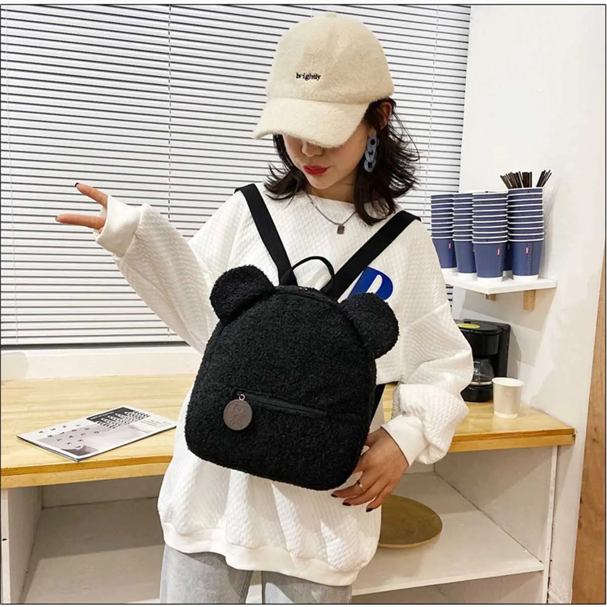 Plüsch Damentasche Herbst und Winter neue koreanische Version süßer kleiner Bär Ohr Rucksack Mädchen Eltern-Kind-Tasche-LJXC241217_voghion.com