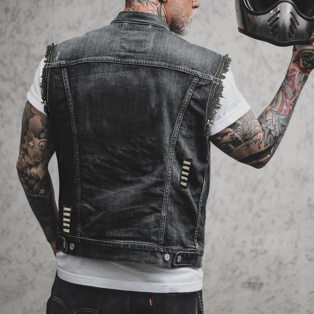 men's clothing punk casual men's denim vest sleeveless lapel denim jacket_voghion.com