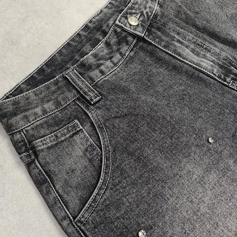 PEERAGE Y2k Retro Rhie Washed Wide Leg Baggy Long Jorts Vyriški Gatvės stiliaus Oversized Frayed Black Grey Loose Denim Jeans_voghion.com