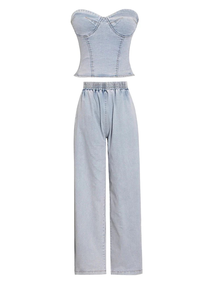 Abbigliamento da donna alla moda, senza maniche, casual, elasticizzato, in denim, due pezzi_voghion.com