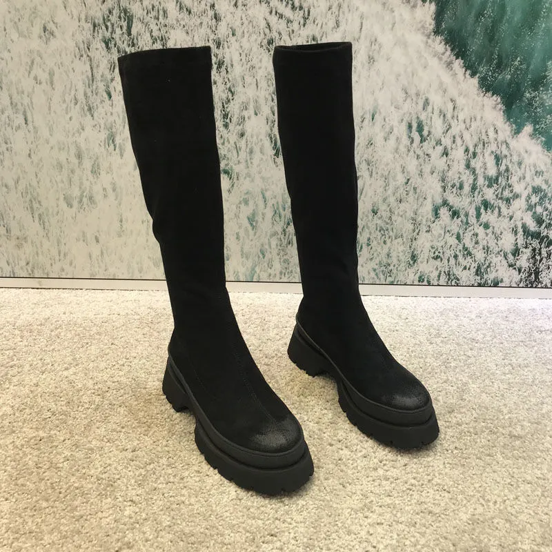 Frauen Herbst Winter Neue Plattform Dünne Ärmel Stretch frauen Runde Kappe Vintage Hohe Stiefel Botas De Mujer_voghion.com