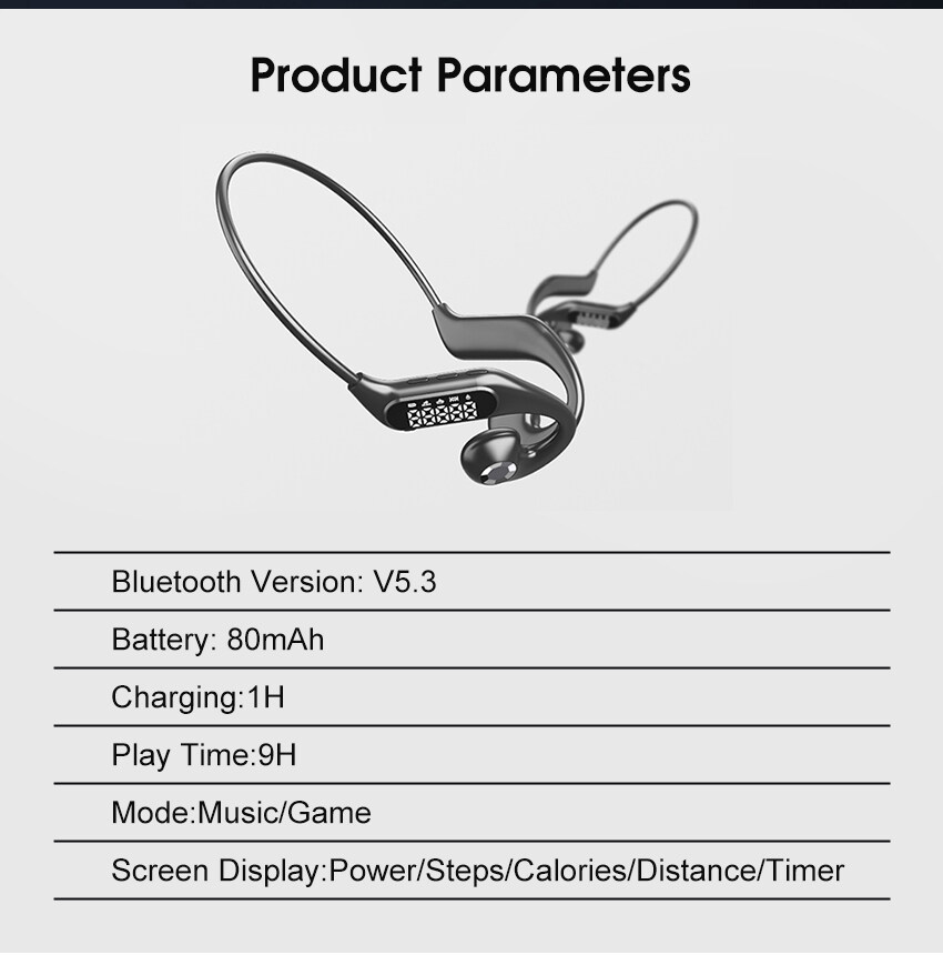 2024 Bone Conduction Earphone Wireless Bluetooth 5.3 Step Counting Headset Non-In-Ear Earbuds Gaming Music Modes LED Display for Running Bicycling Hi_voghion.com