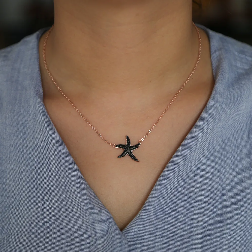 Collier avec pendentif étoile de mer noire en or rose de 41 cm avec chaîne de 5 cm et bijoux d'été gratuits sur le thème de la plage_voghion.com