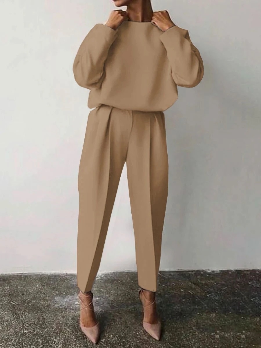 Women's Clothing Loose Solid Color Long-Sleeved Casual Two-Piece Set