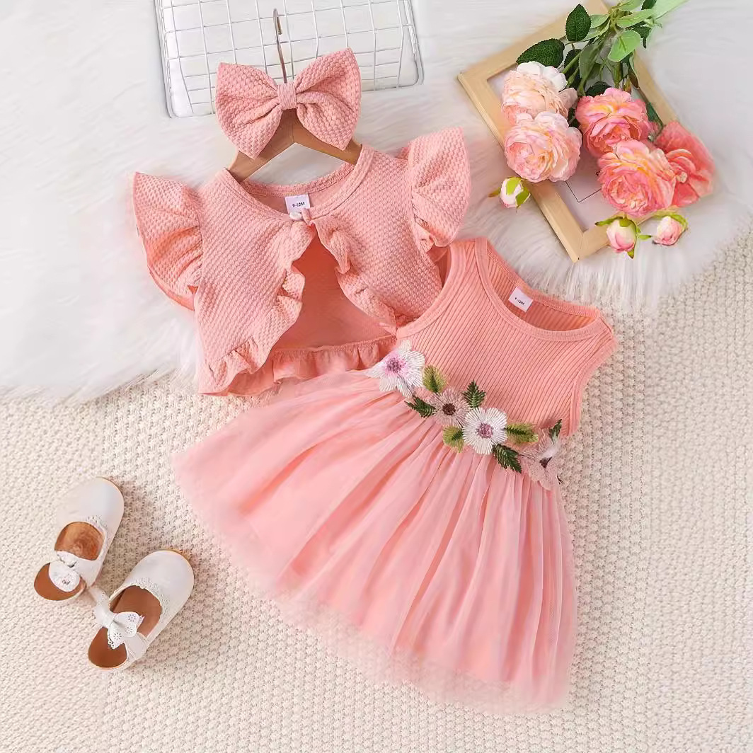 Mother&Kids Baby and toddler sleeveless pit striped floral embroidery mesh skirt dress flying sleeve coat girls' set