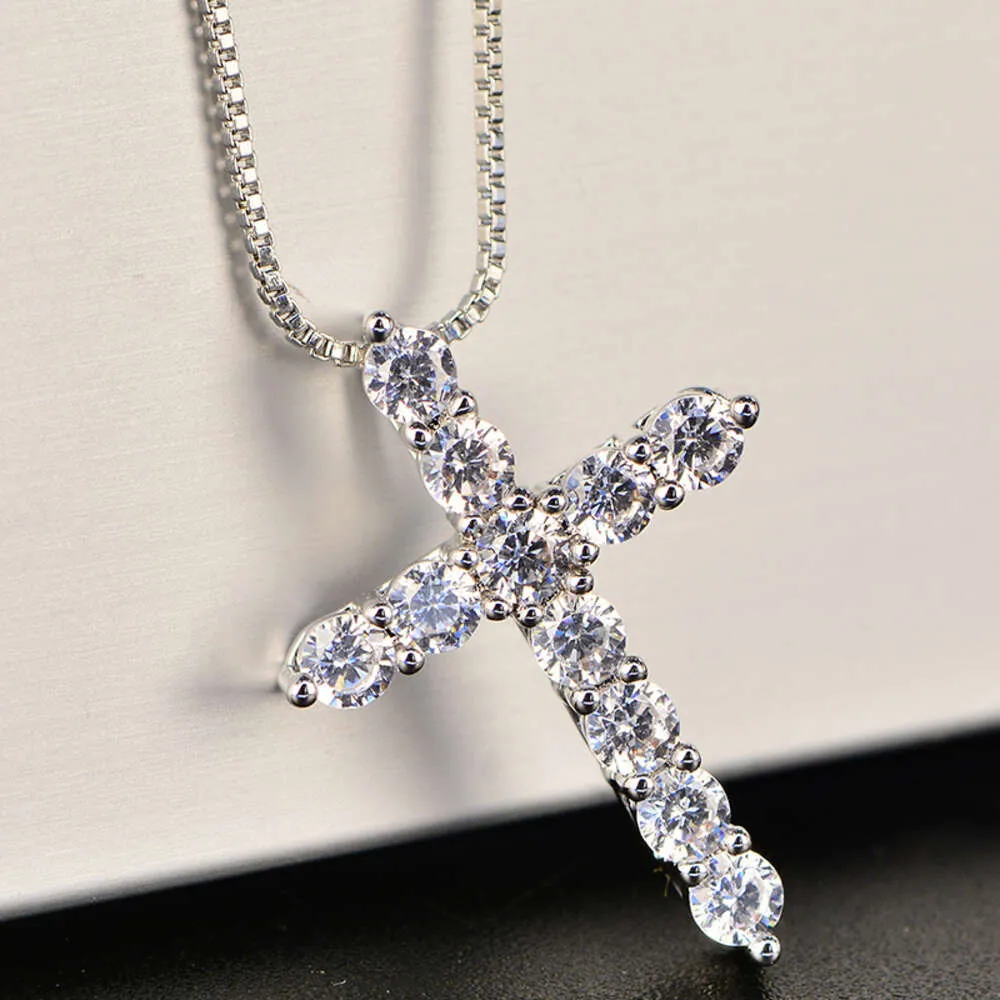 Collana in argento sterling da 16-24 pollici con catena a maglie e cristallo lucido, ciondolo a croce classico per donna e uomo, gioielli di moda e regali._voghion.com