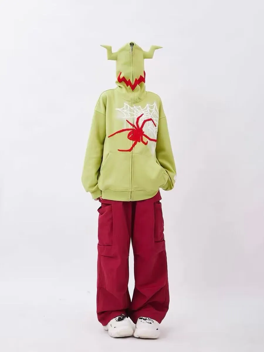 Designers Dark Monster Horns Spiders Webs Graphic Sweatshirt Loose Overiszed Zip Up Hoodie Gothic Y2K Kawaii Clothes Haruku Winter_voghion.com