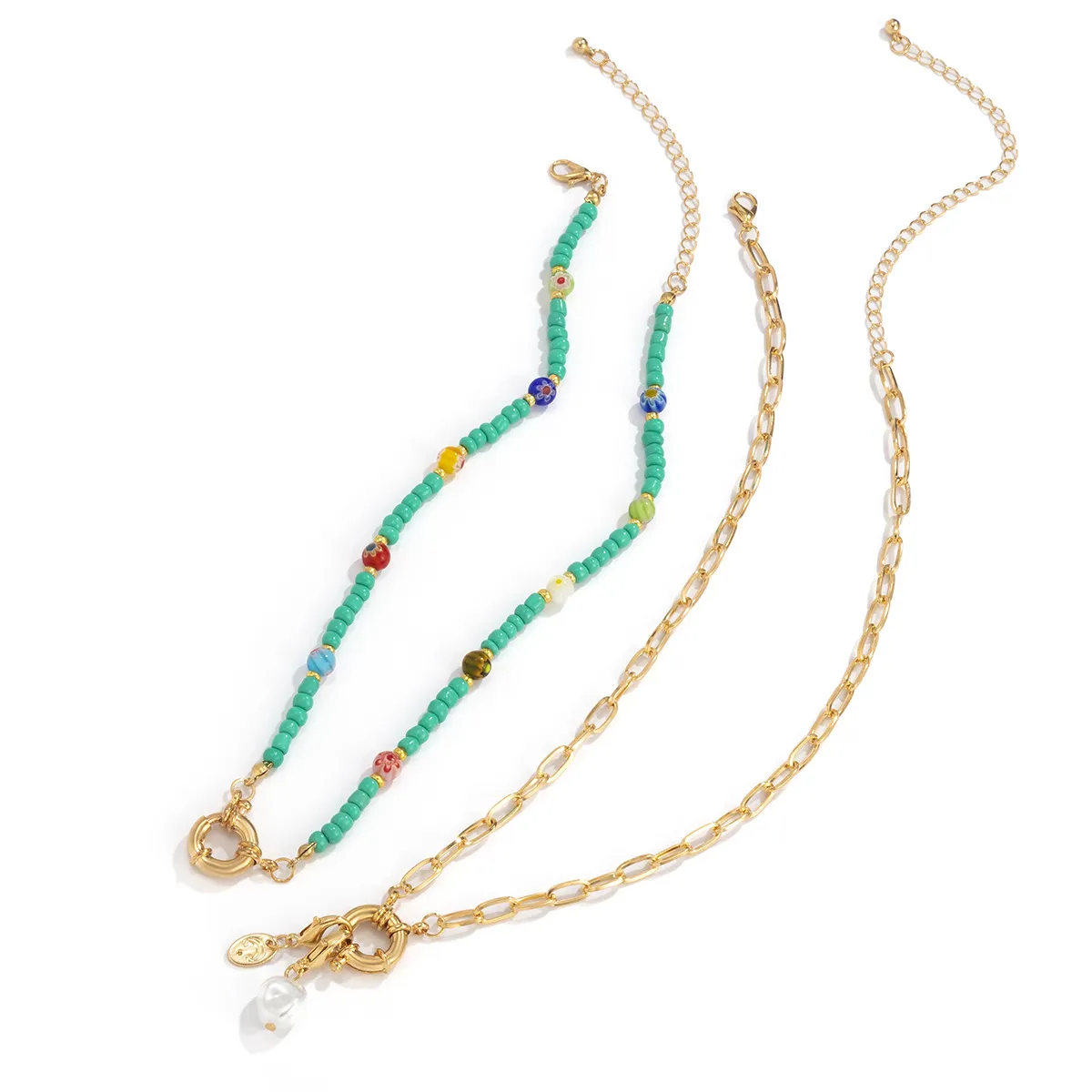 Collane con ciondolo Bohemia Fresh Green Beads Mix And Match Punk Catene in metallo Collana Set per donne Anello circolare Doppio_voghion.com