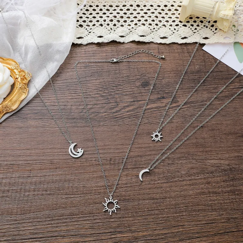 Collane con ciondolo 2 pezzi alla moda in acciaio inossidabile per sole e luna con collana elegante in cartone per donne e ragazze_voghion.com