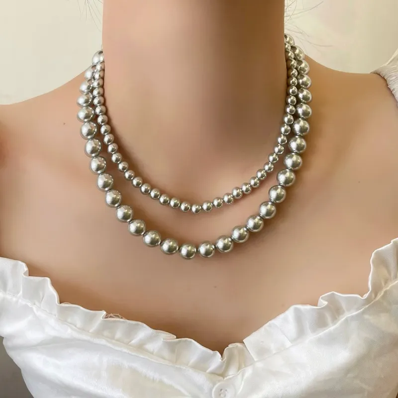 Collier de perles simulées en verre pour femme et fille, bijoux modernes, élégant, tempérament, perles de couleur grise et blanche brillantes_voghion.com