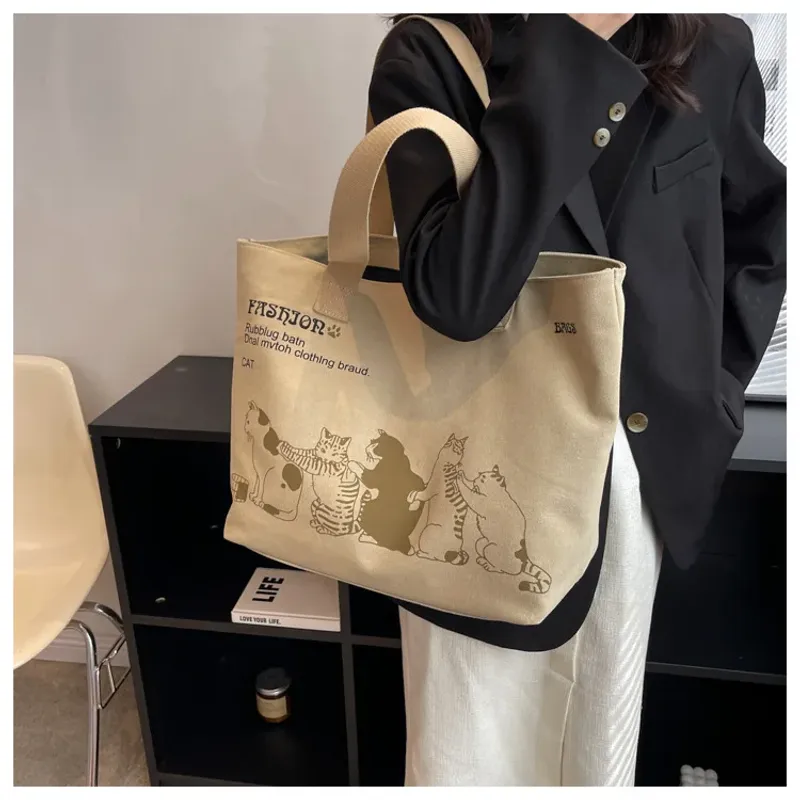 Große Tragetasche für Damen zum Einkaufen, Aufbewahren, Pendeln, Canvas-Handtasche, Cartoon-Katzen-Aufdruck, tragbare_voghion.com
