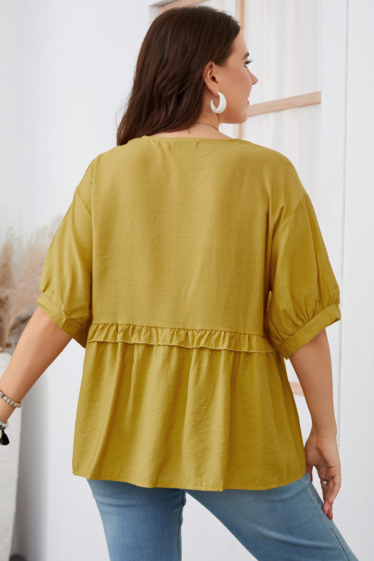 large size women's summer short-sleeved V-neck large size shirt_voghion.com