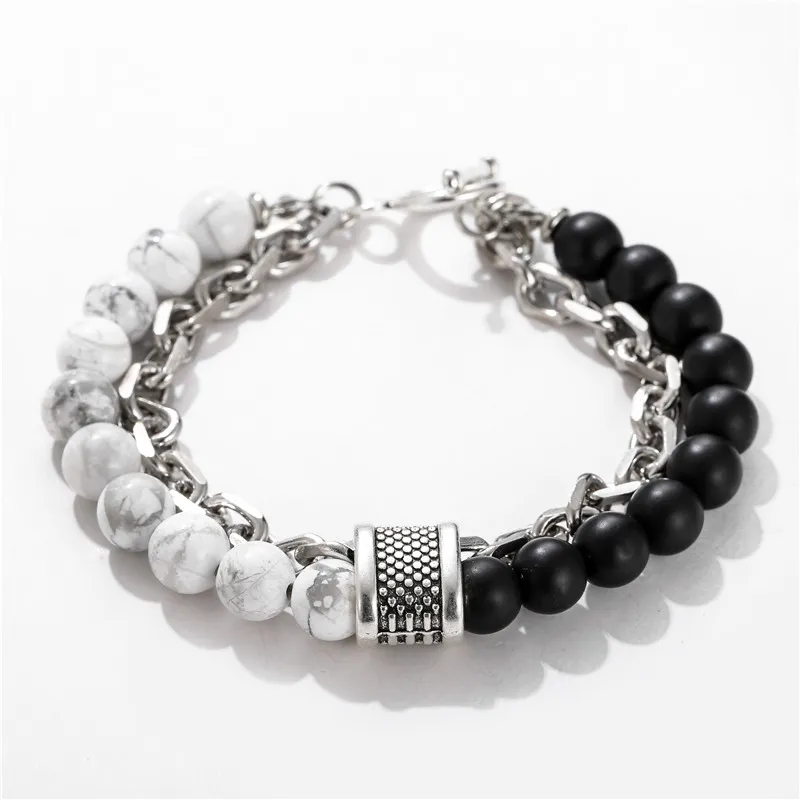 Stone Beaded Chain Bracelet With Tiger Eye And Howlite Marble_voghion.com