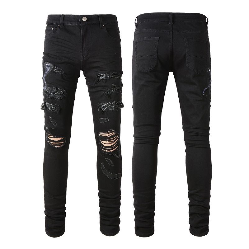 Vêtements pour hommes jeans déchirés jeans pour hommes brodés élastiques en peau de serpent froissés pantalons slim déchirés pour hommes