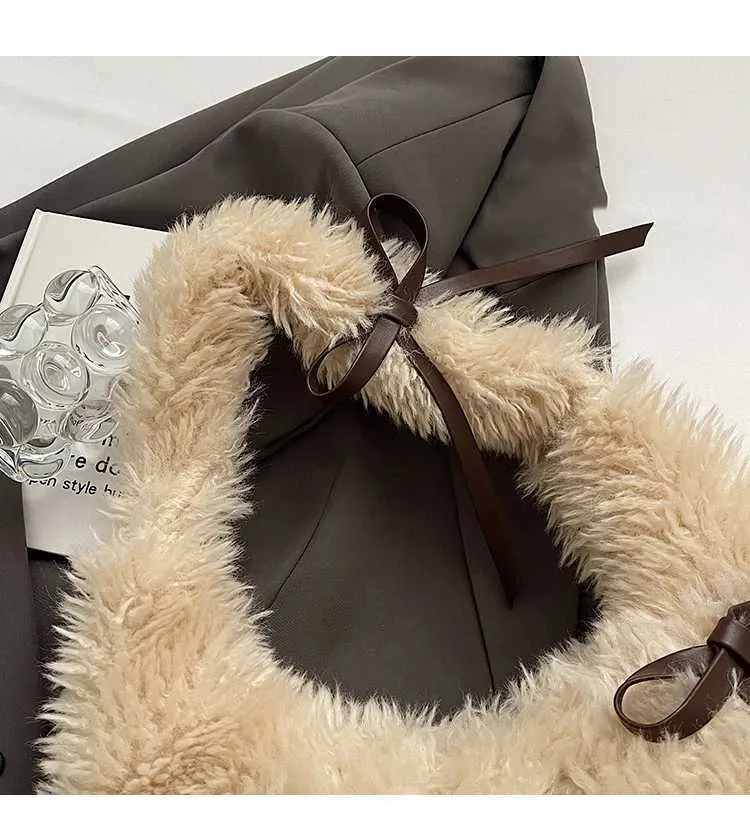 Sac à main en peluche douce pour femme, solide, moelleux, nœuds, appliques, épaule, femme, automne, hiver, mignon, sous les aisselles, paquets, poignée, dame_voghion.com