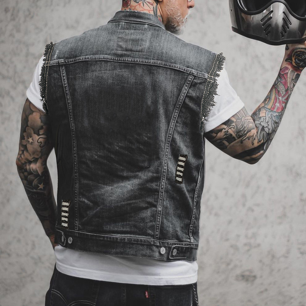 men's clothing punk casual men's denim vest sleeveless lapel denim jacket_voghion.com