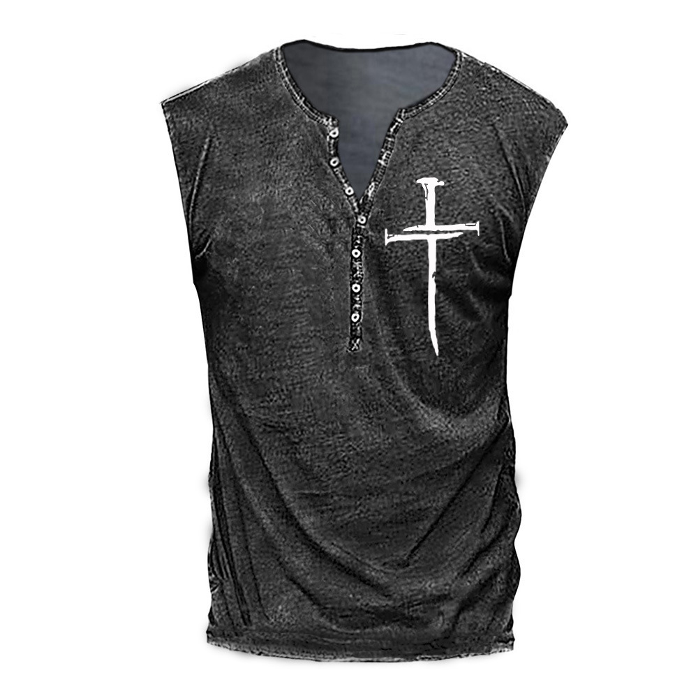 Youth Men's Cross Print Collarless Casual Tank Top Large Men's Vest_voghion.com