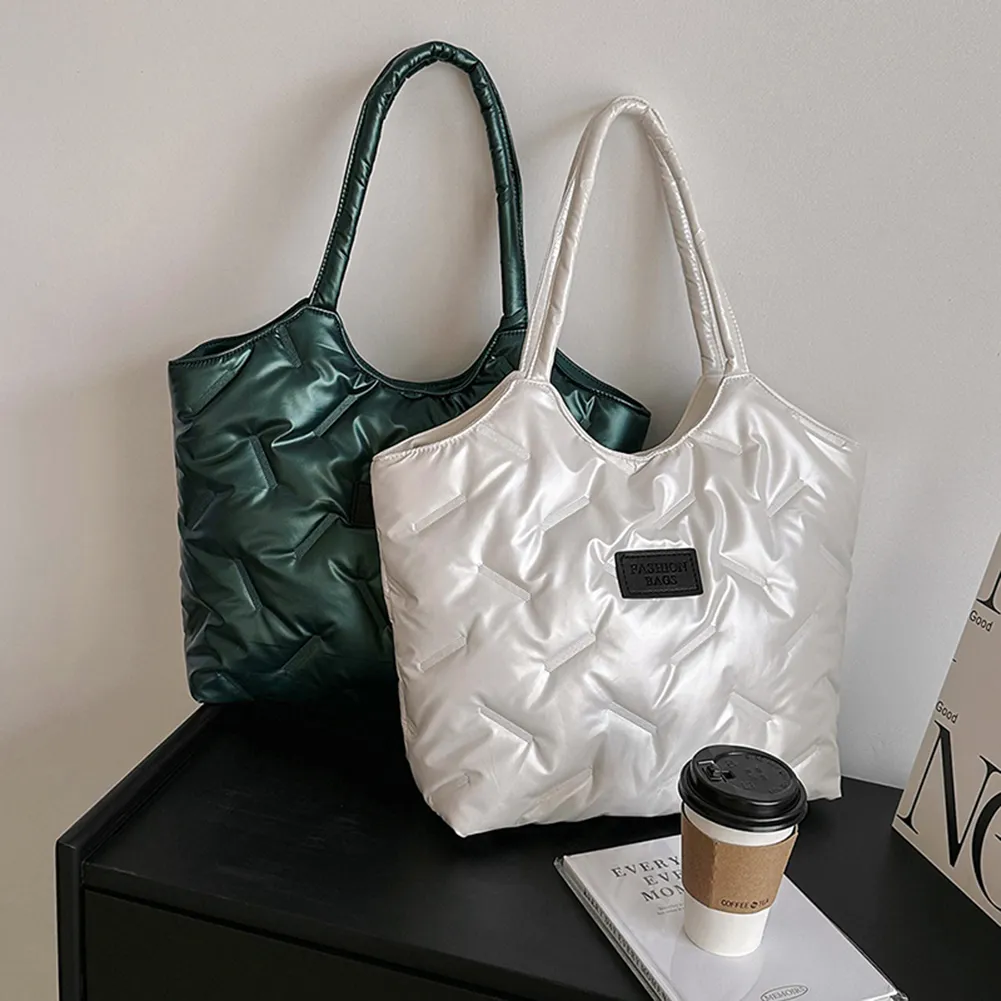 Borsa a mano imbottita in cotone da donna, trapuntata, grande capacità, invernale, casual, morbida e soffice._voghion.com