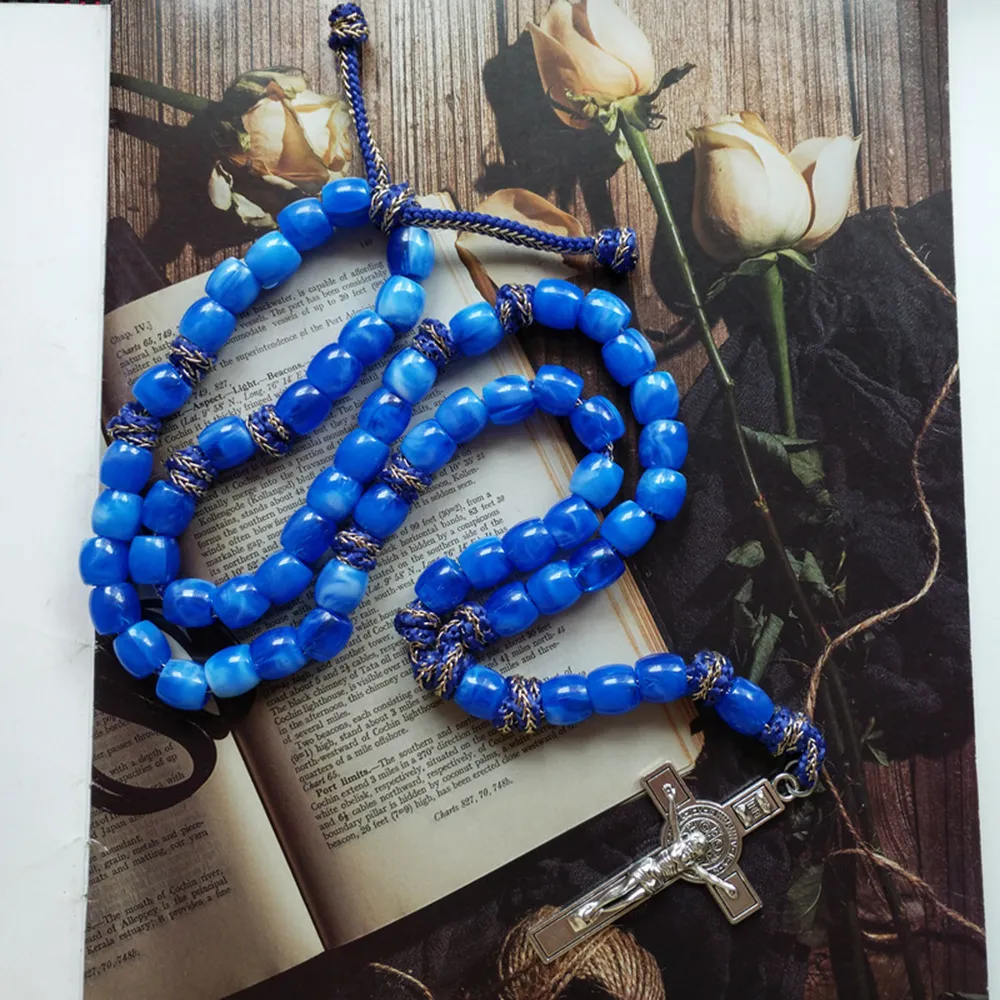 St Benedict Crucifix Rosary Necklace With Blue Beaded Chain_voghion.com