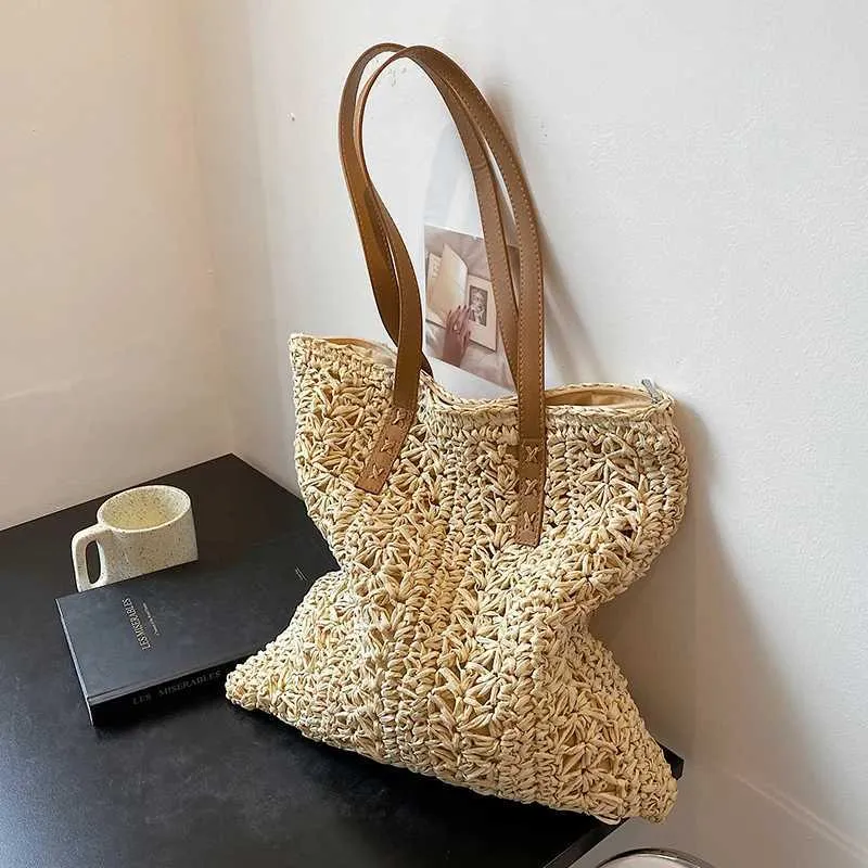 Fashion turf large capacity shoulder shopping bag womens vacation beach wallet Bohemian ragtan knitted handbag Y241011_voghion.com