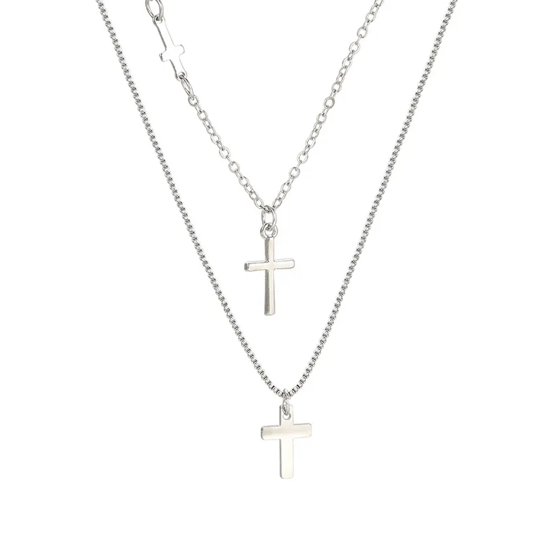 Colliers pendentifs Collier simple à double couche en croix pour femmes Chaîne élégante à gouttelettes de strass Colliers fins_voghion.com