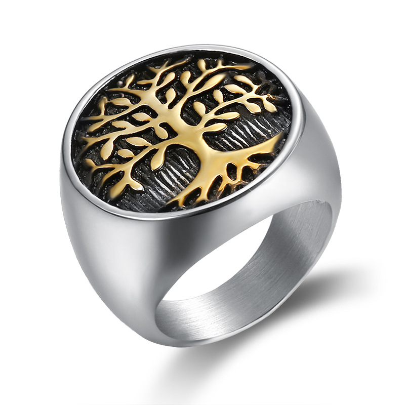 Bague en acier inoxydable 316 pour homme avec anneau en forme d'arbre de vie et de feuille, style rétro, en titane
