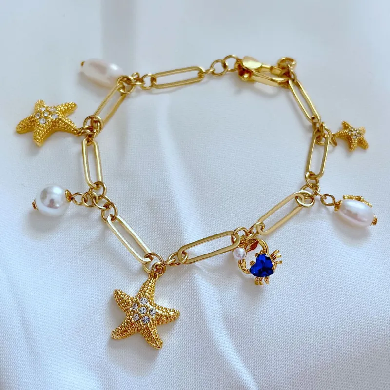 Sea animal starfish designer bracelet for women girls shine diamond nature pearl bamboo chain love four star fish cute_ipsvogv.com