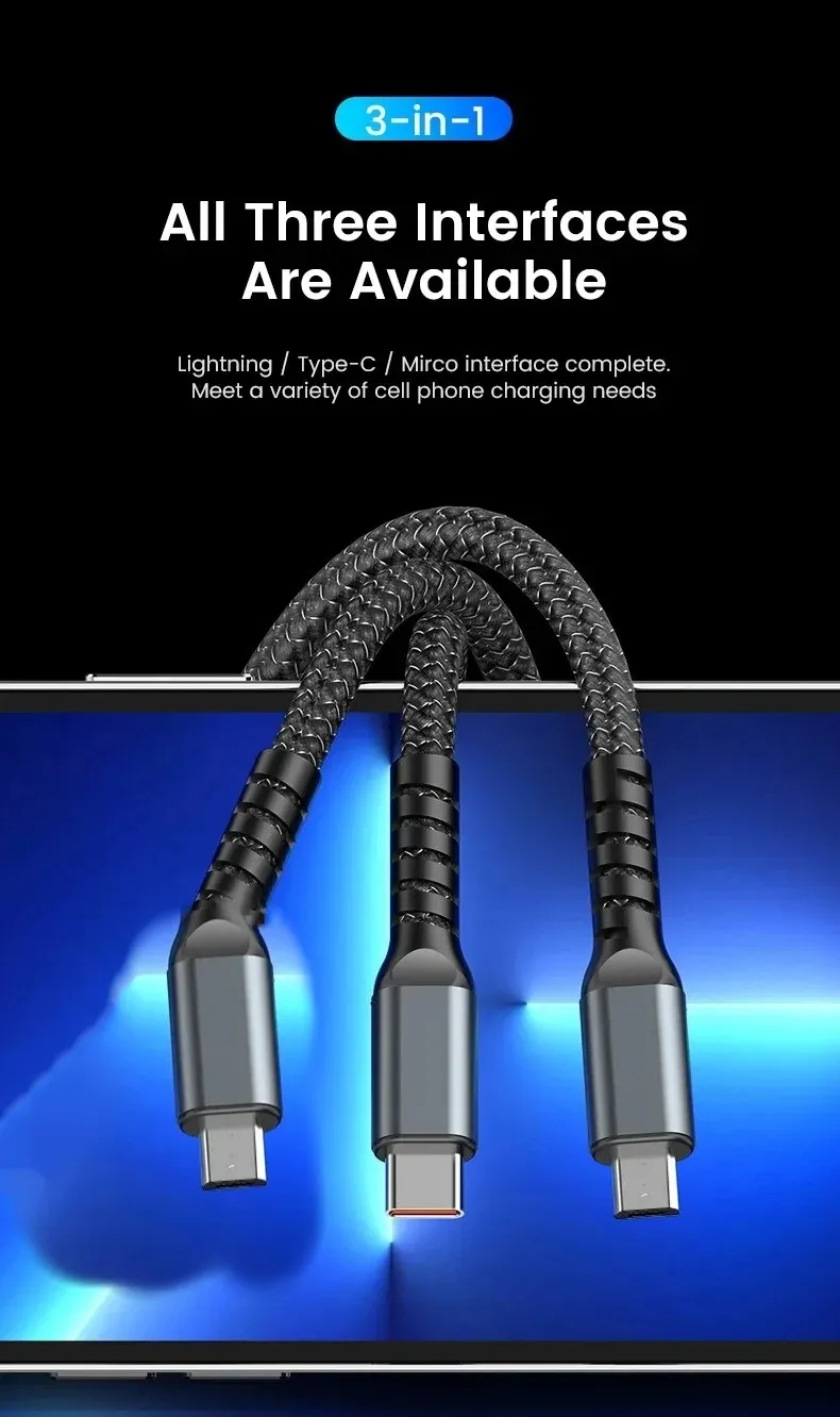Three In One Micro USB C-type Suitable For Ultra Of Smartphones 100W Digital Display With Light Fast Charging Data Cable_voghion.com