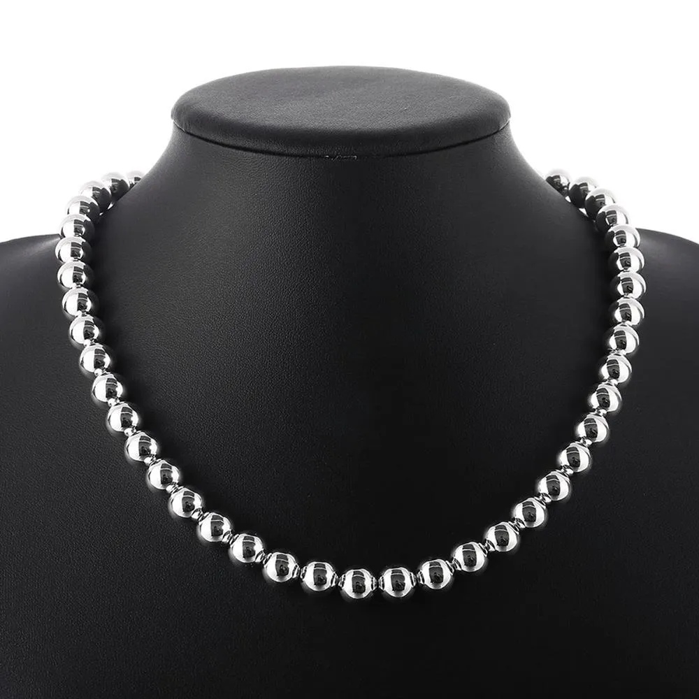 Sterling Silver Beaded Necklace For Women Classic Smooth Chain_voghion.com