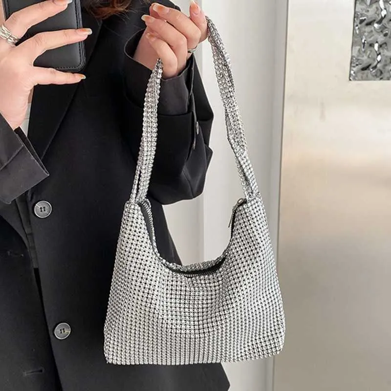Bolsa de ombro de casamento requintada de prata brilhante Rhie Underarm Evening Wedding Bolsa de mão para jantar C241211_voghion.com