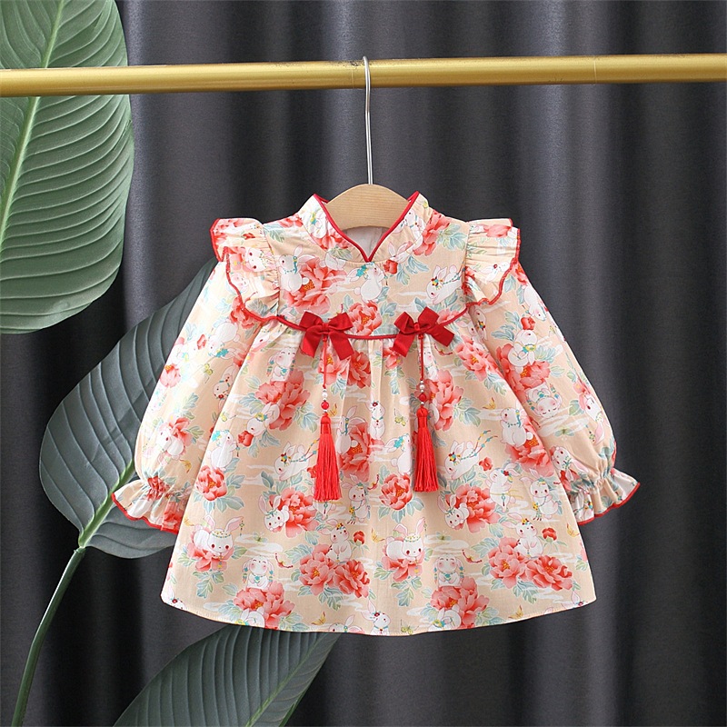 Autumn Newborn Girl Dress Rabbit Print Long Sleeved Dress Chinese Hanfu Style Baby Clothes
