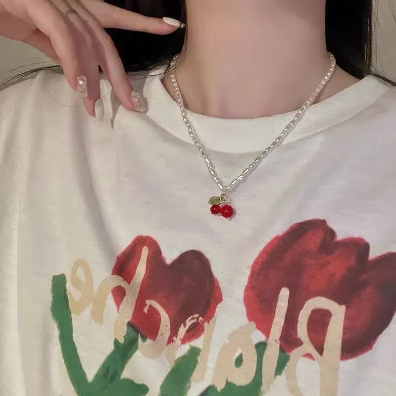 Collar con colgante de corazón y cereza mujer estilo y2k boho_voghion.com