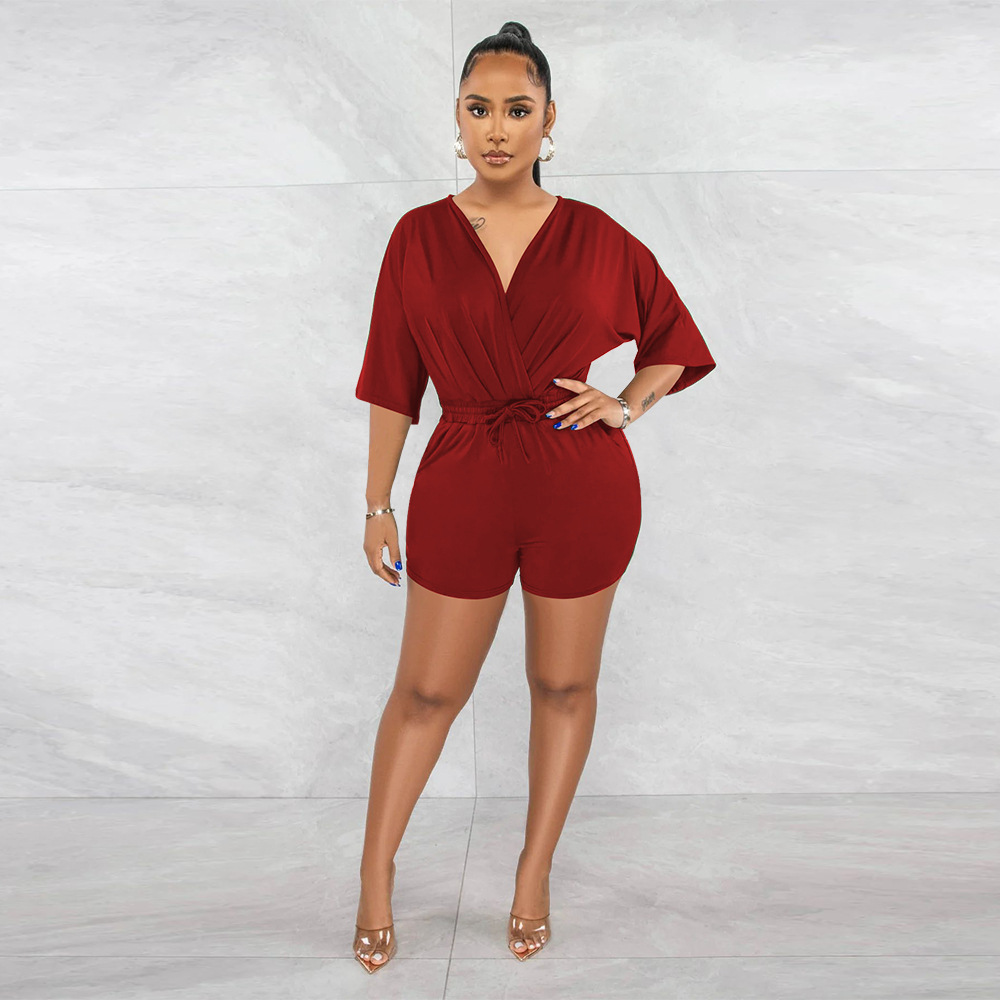 Women's V-neck Jumpsuit Solid Colour Waist Casual Short Romper_voghion.com