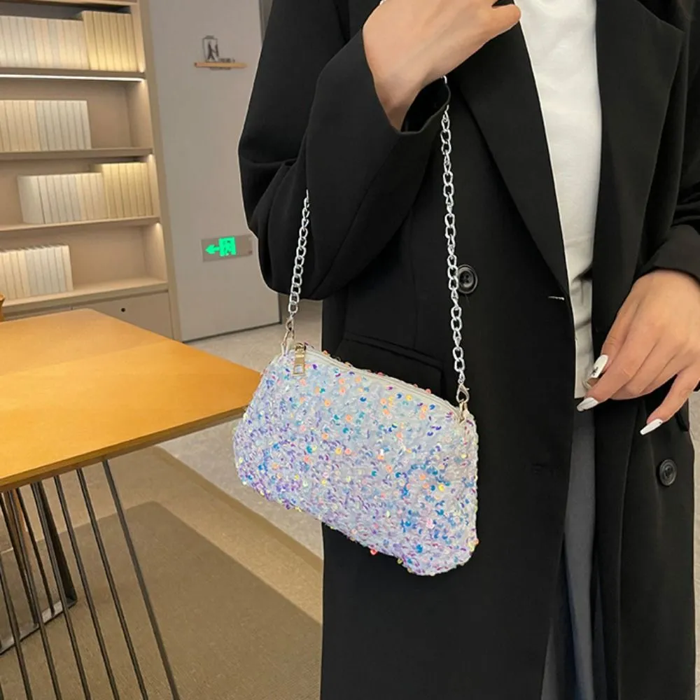 Borsa a tracolla con catena, tinta unita, stile coreano, con paillettes, per telefono, da sera, per cena e feste_voghion.com