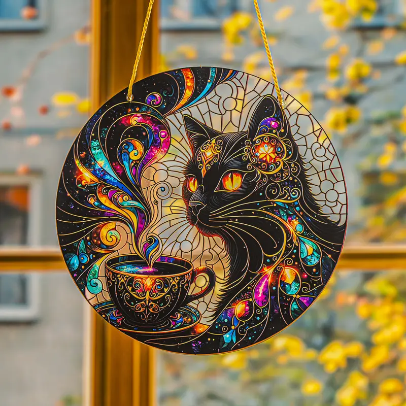8x8in Black Cat Suncatcher - Colorful Acrylic Window & Wall Decor For Home, Garden & Wreaths_voghion.com
