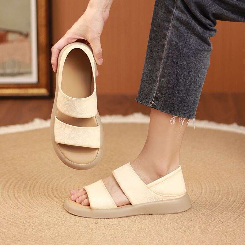 Sandali piatti in pelle di mucca 2025, scarpe da spiaggia traspiranti, sandali da donna con una bocca di pesce,_voghion.com