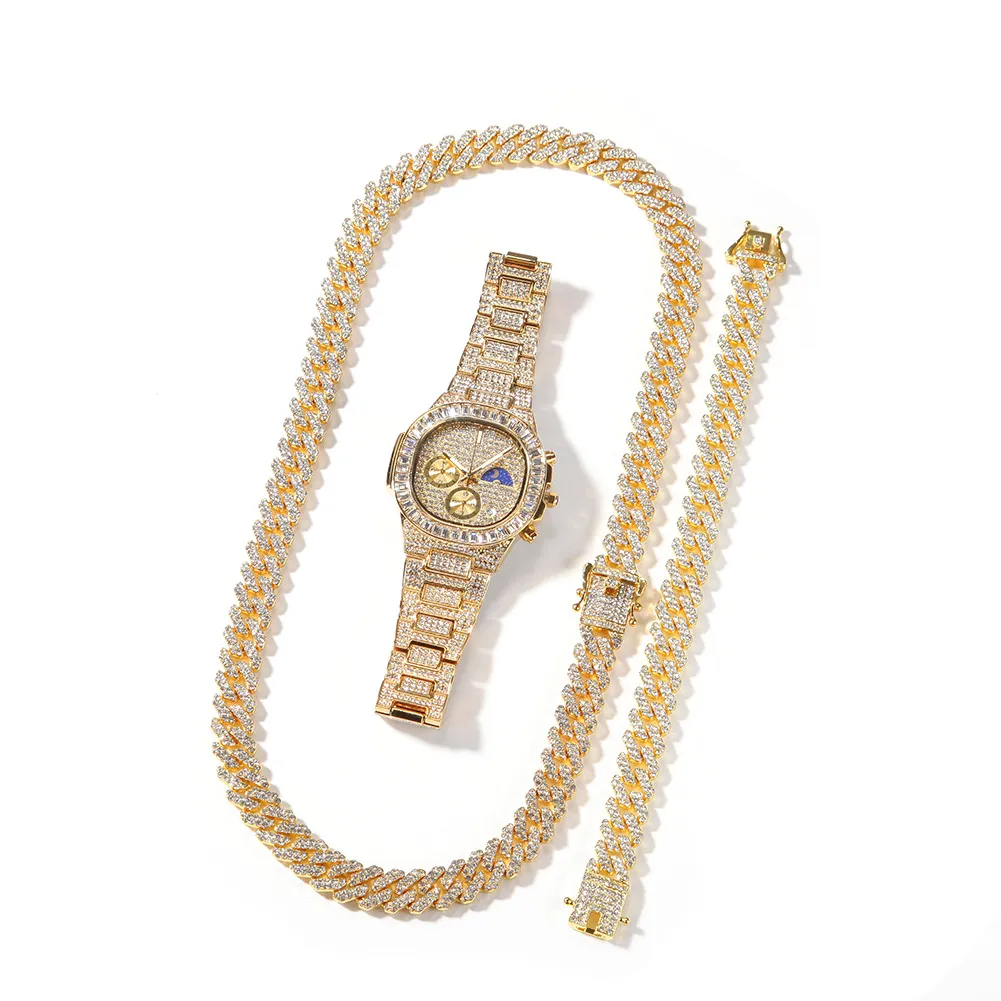 Set orologio bracciale e collana iced out da uomo finitura oro_voghion.com