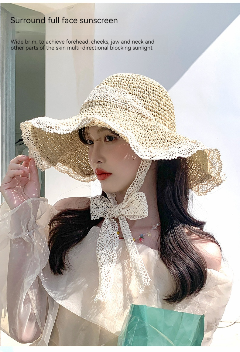 Sommerstrand-Spitzenstrohhut für Damen, frischer Sonnenschutzhut, Sonnenschirm, faltbarer Sonnenhut für Tourismus und Urlaub_voghion.com