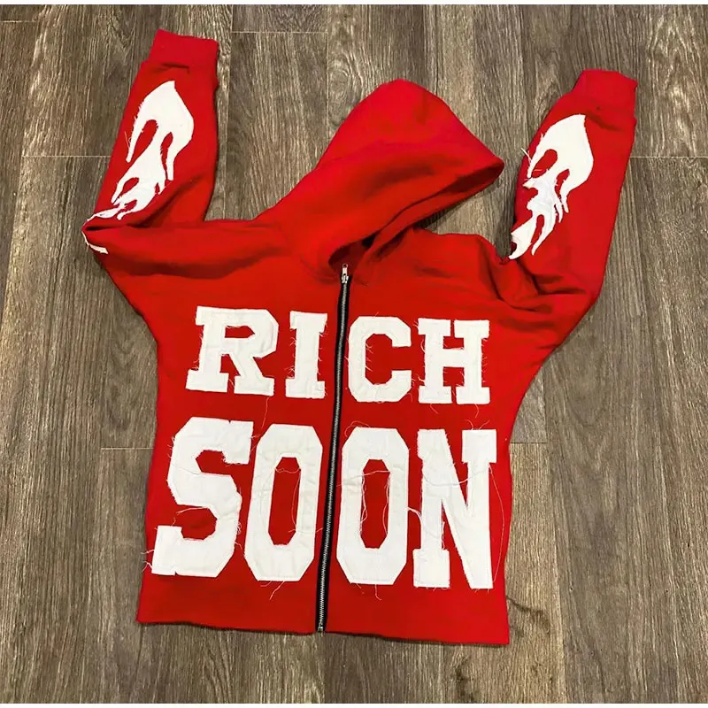 Street Rich Soon Bedruckter Kapuzenpullover für Männer, trendiger Y2k-Kapuzenpullover mit langen Ärmeln und Reißverschluss, Herbsttasche, lockere Kapuzenpullover_voghion.com